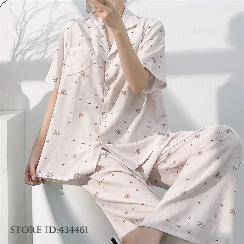 

Print Cartoon Sleepwear Short Sleeve Trouser Pijamas Suit Summer New Female Pajamas Matching Sets Loose Comfortable Homewear