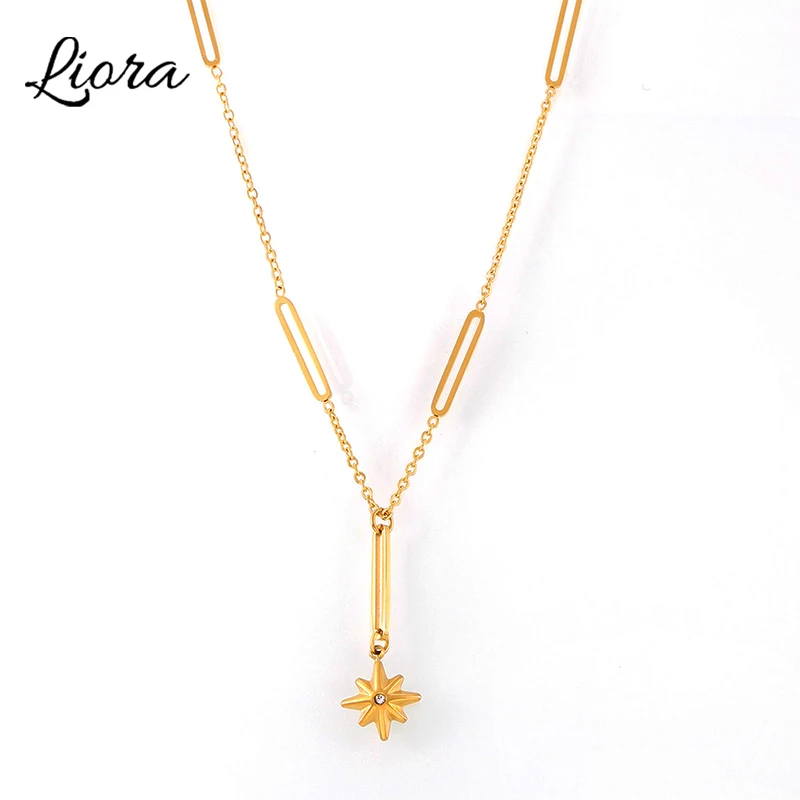 Liora 316L Stainless Steel Necklaces For Women Star Rhinestone Pendant Thin Link Chain Choker Necklace Women Fashion Jewelry