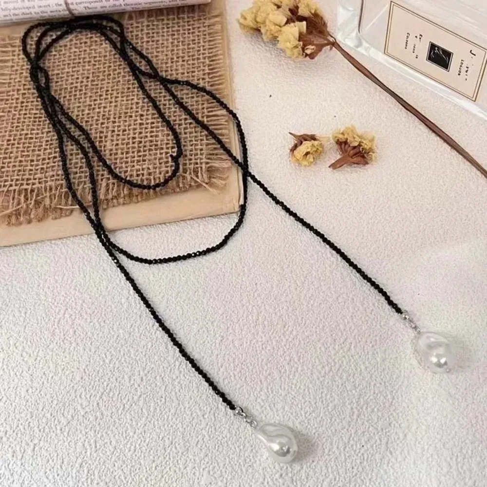Vintage Alien Irregular Neck Chain Black Green Resin Bead Long Sequins Rhinestone Imitation Pearl Pendant Women Girl