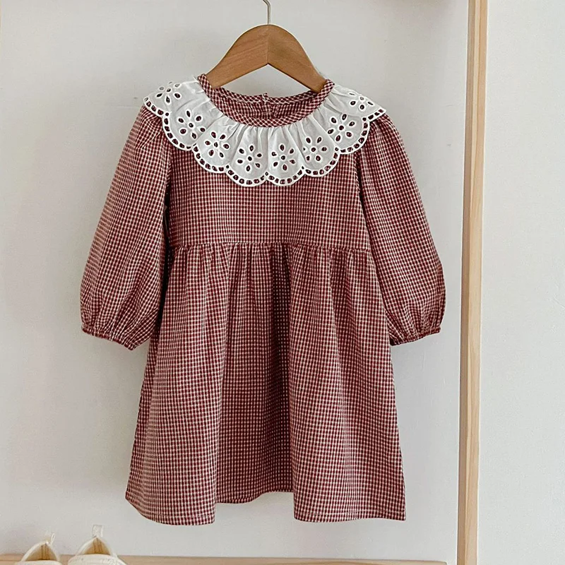 Spring Kids Baby Girls Long Sleeve Sweet Lace Collar Grid Princess Dress New Autumn Kids Baby Girls Dress Children Clothes Dress