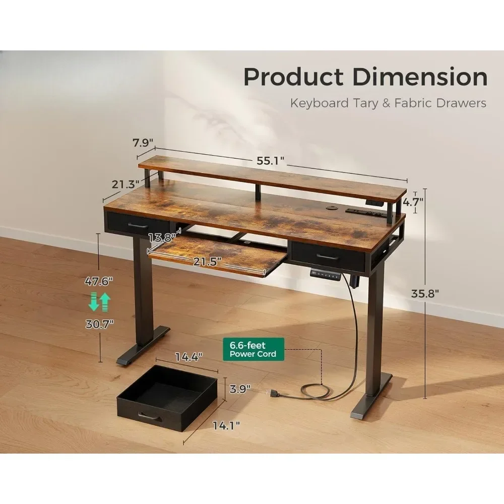 Electric Standing Desk with Drawers & Keyboard Tray, 55 Inch Height Adjustable Gaming Desk with Power Outlets & LED Lights