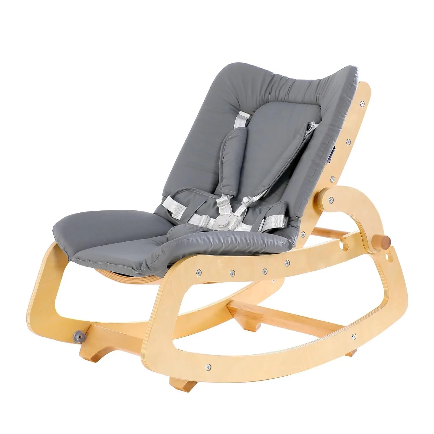 in-1 Baby Bouncer Adjustable Wooden Rocker Chair Recliner with Removable Cushion and Seat Belt for Infant to Toddler