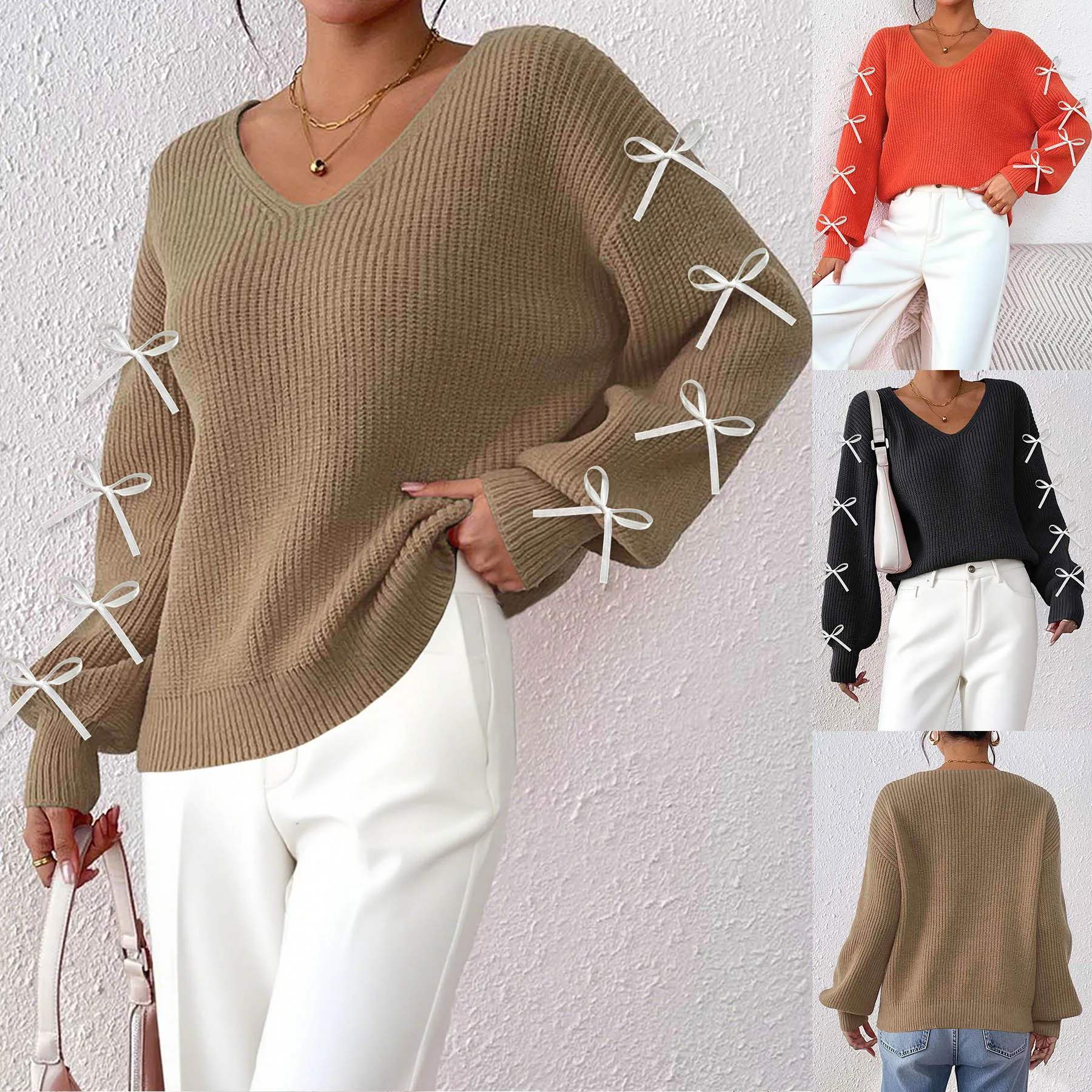 

Y2K autumn and winter women's top fashion knitted long-sleeved top ribbon bow decorative V-neck jumper casual top