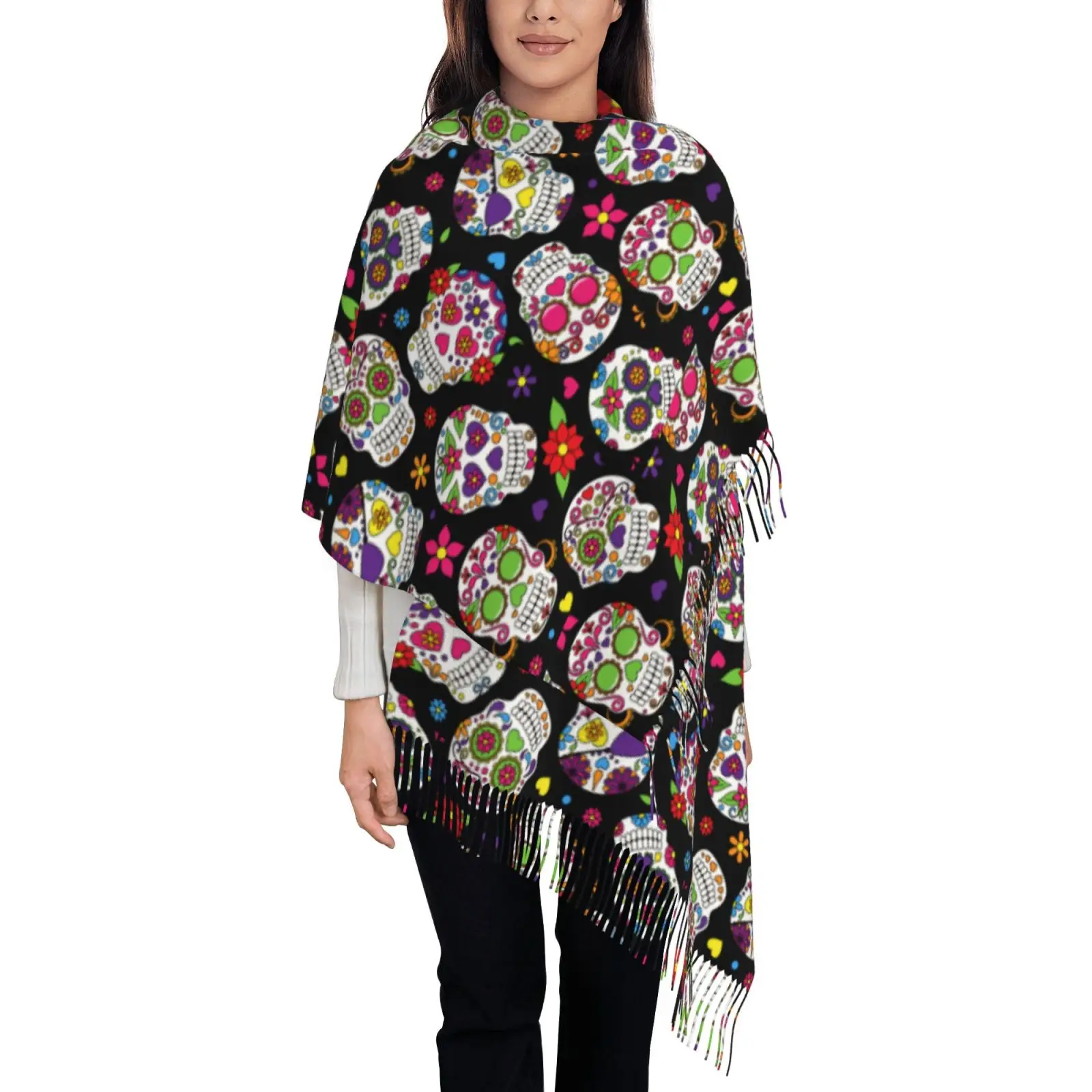 

Готический шарф с черепом и цветочным принтом розы и шипами на заказ для женщин, длинные зимне-осенние теплые шаль с кисточками, шарфы унисекс