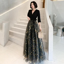 Elegant Black Evening Dresses Women V-Neck A-Line Floor-Length Long Formal Occasion Dresses For Cocktail Party