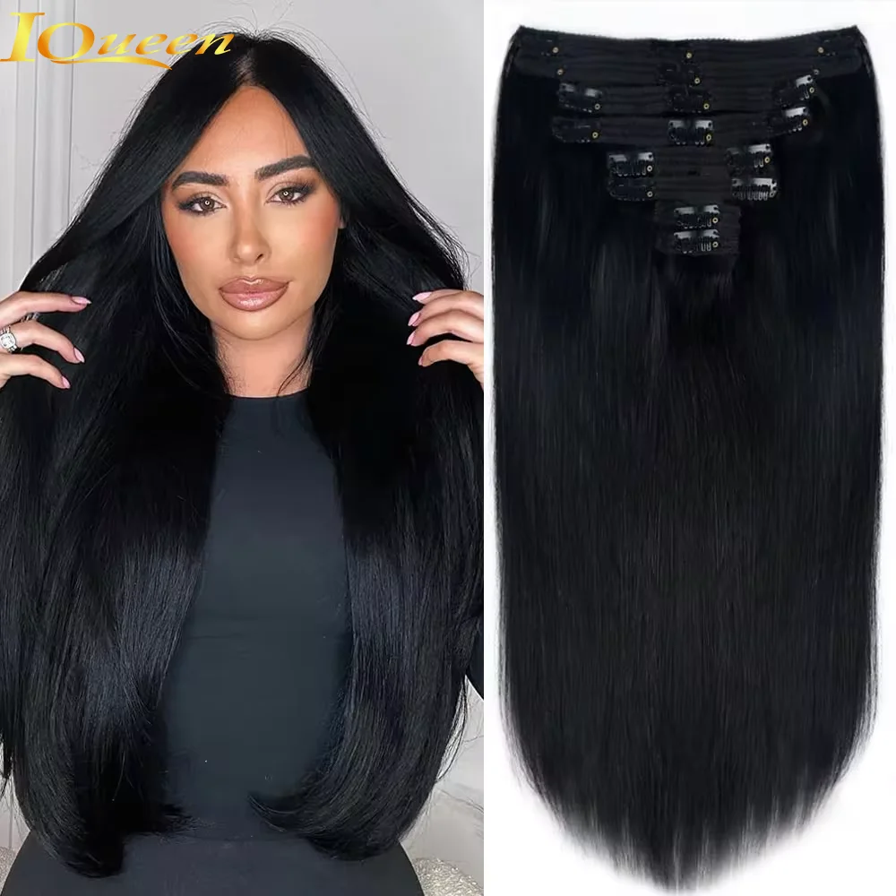 Clip In Hair Extensions Real Human Hair 16 Inch #1B  Dark Brown Color Straight Hair Extensions Clip ins for Women Clip in Human