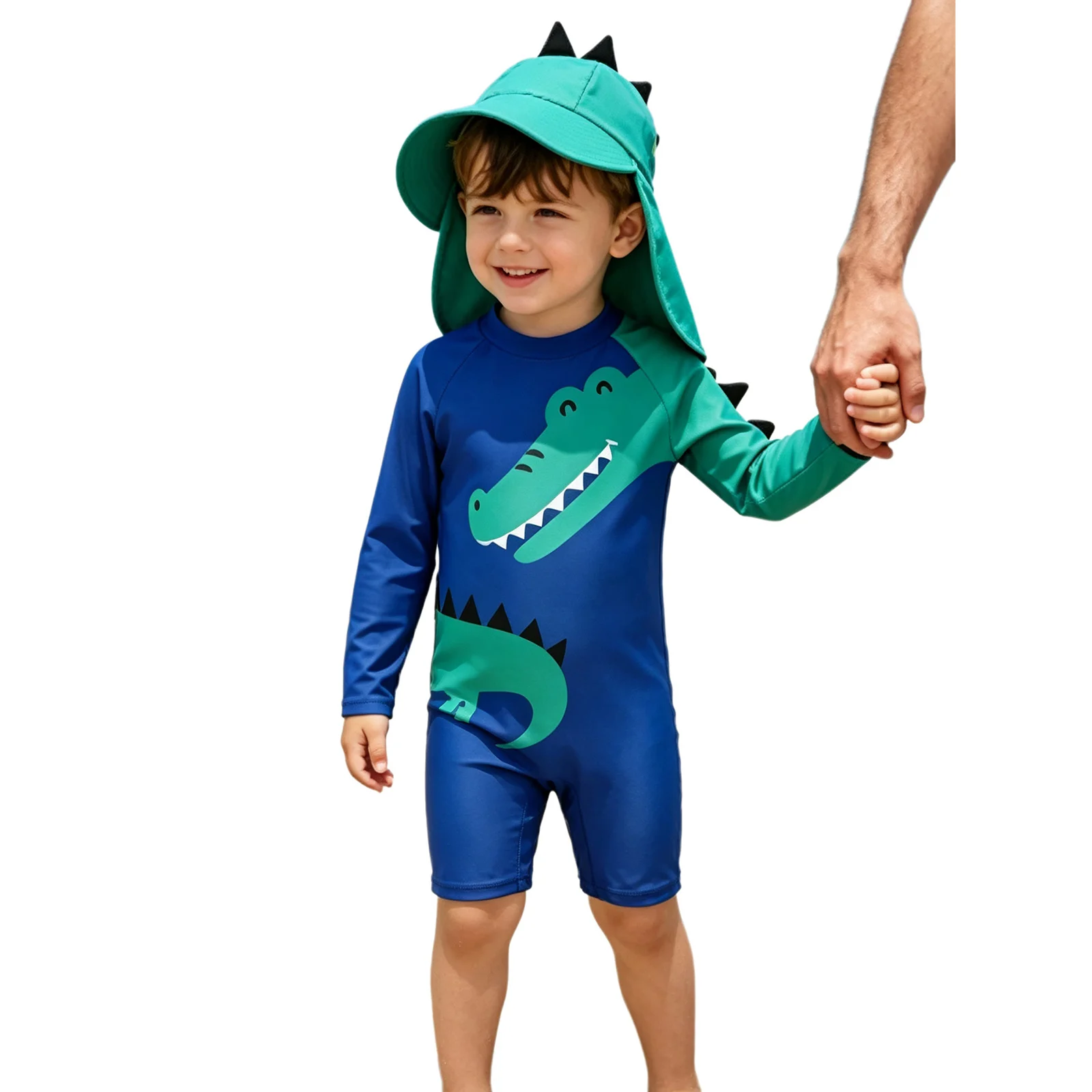 Baby Toddler Boys Swim Leotard Long Sleeve Back Zipper Dinosaur-patterned One-piece Swimwear with Hat for Beach Pool Hot Spring