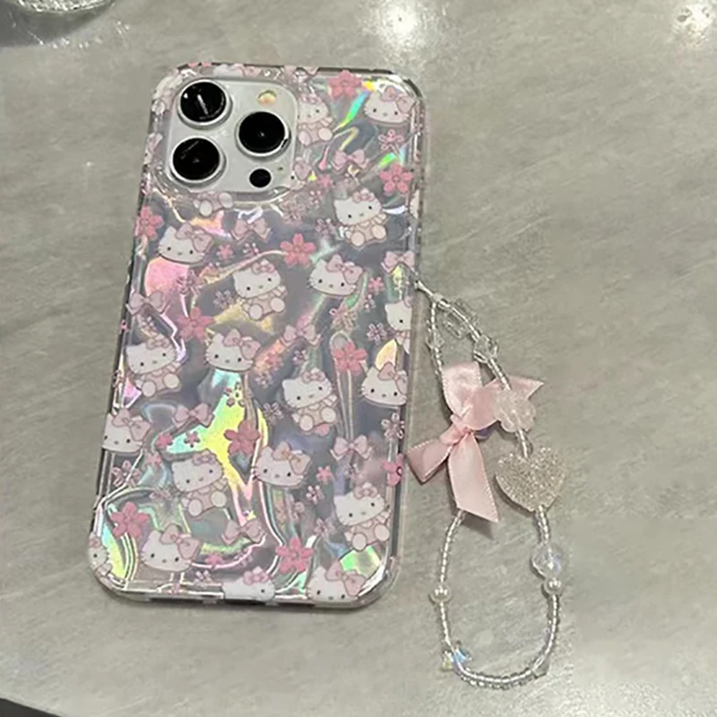 Hello Kitty Cartoon Sakura Case For OPPO A40 A3 A3X A80 A60 A59 A79 A18 A38 A77 A57 A78 A58 A96 5G A17 A17K 4G Chain Phone Cover