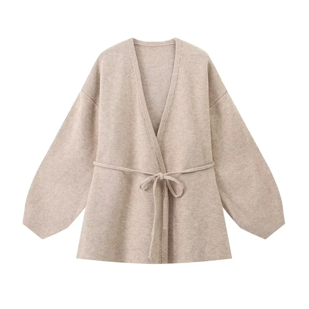 PB&ZA2024 Autumn New Women\'s Clothing Style Slimming Simple Versatile Tie up Decoration Knitted cardigan Straight Pants Set