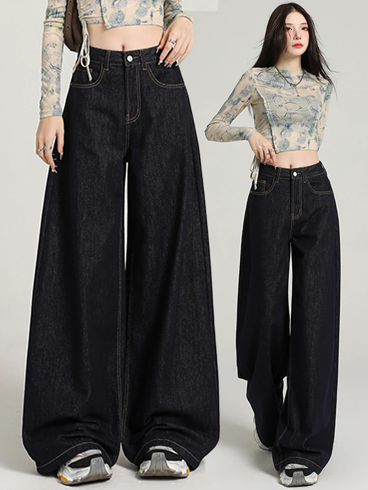 

Trendy High Waist Loose Wide Leg Denim Blue Jeans Women's Spring Autumn Lazy Style Casual Comfortable Cotton Blend Trousers