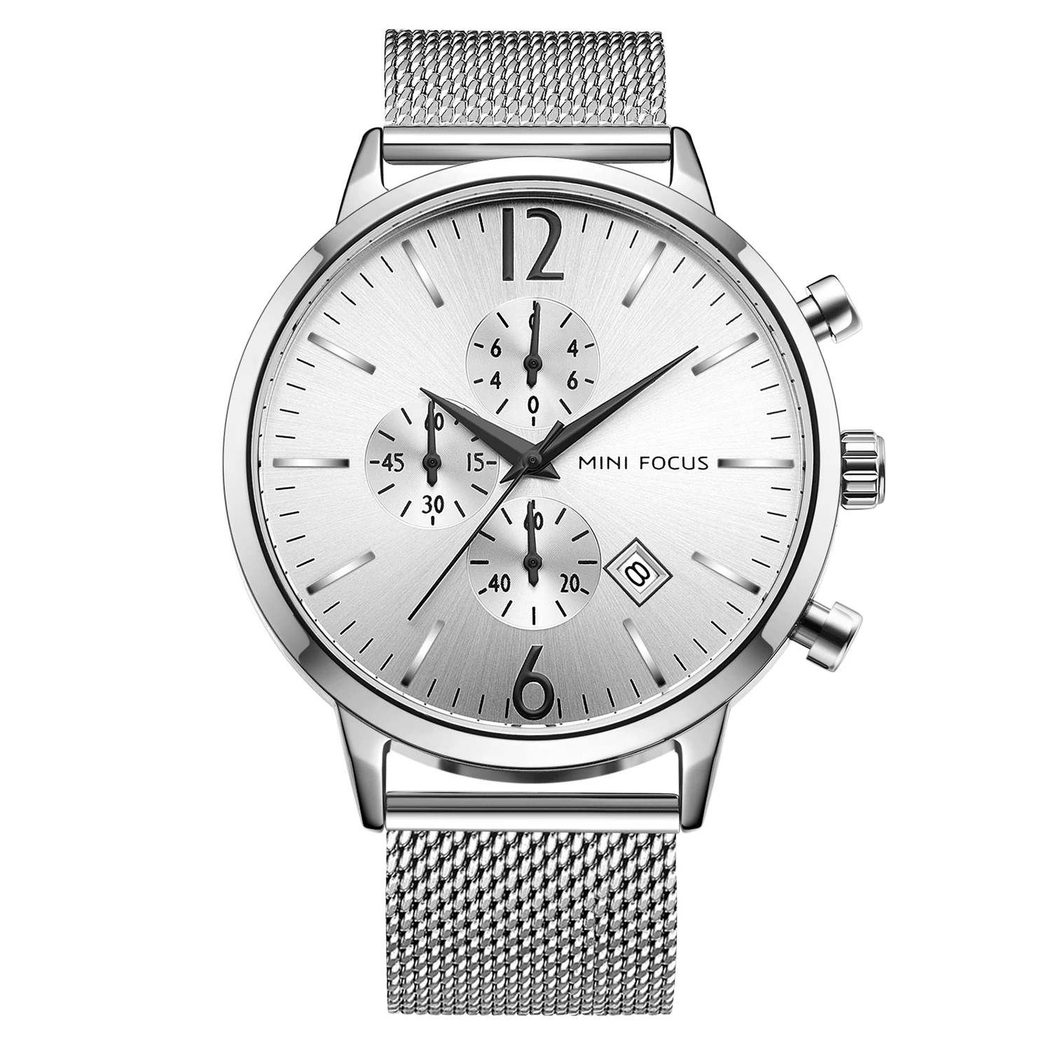 

Mini Focus MF0185G Chronograph Watch Men Mesh Stainless Steel Band Waterproof Calendar Classic Quartz Watches