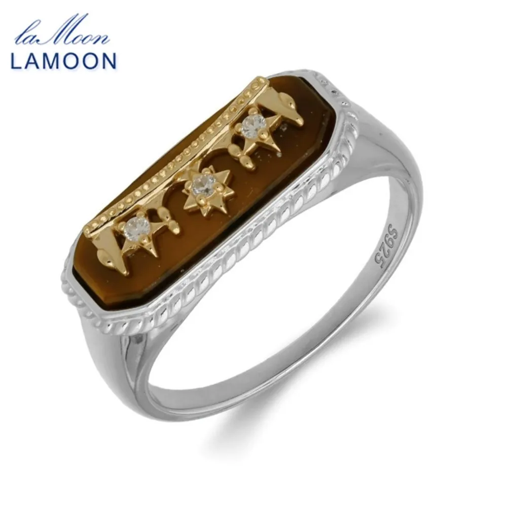 

LAMOON Natural Tigger Eye Gemstone Ring For Women Men Geometry Elegant Simple Style 925 Sterling Silver Fine Jewelry Party Gift