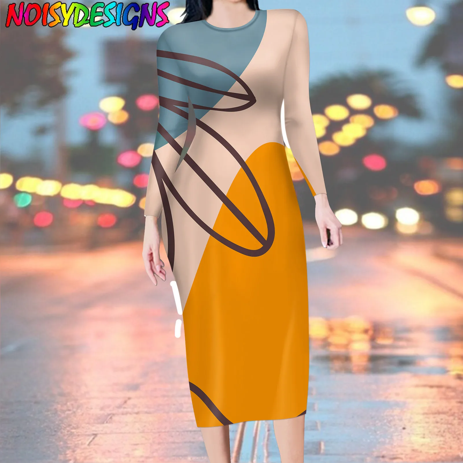 NOISYDESIGNS Color Patchwork Yellow Dresses For Women Long Dress Soft Dress Leaf Line Prints Ladies Clothing Fairy Dreess