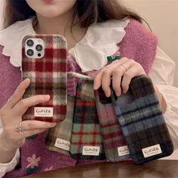 Warm Plaid Pattern Fabric Phone Case For iPhone 16 Pro 14 13 15 Pro Max Cover Soft Fuzzy Cute Cases For Apple 15 Pro 14pro Max