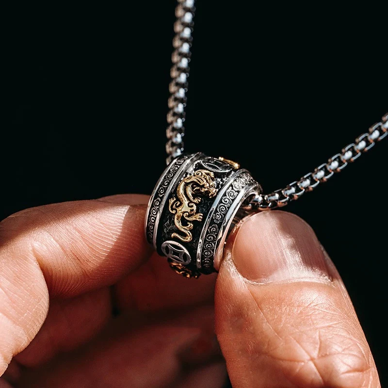 Ethnic style Thai Silver Retro a Mythical Wild Animal Circular Necklace Men's Trendy Transfer Luck Bead Necklaces KOFSAC