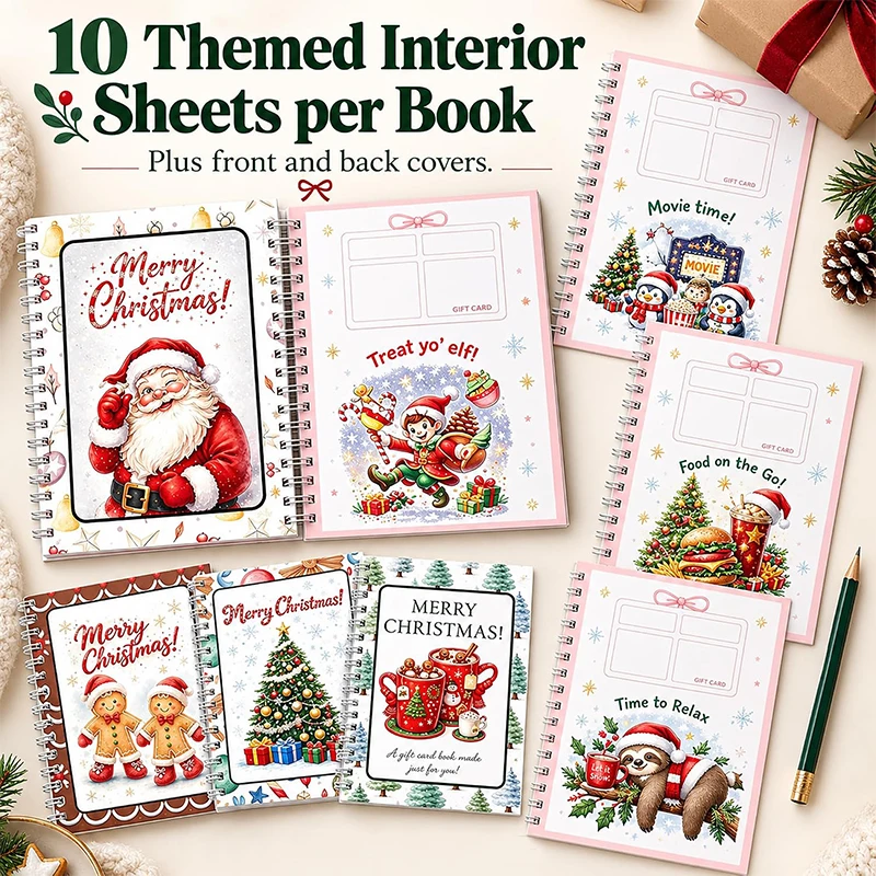 Christmas Gift Card Book, Multi-Page Holographic Spiral Bound Booklet, Festive Santa Holiday Greeting Book Coupon Holder