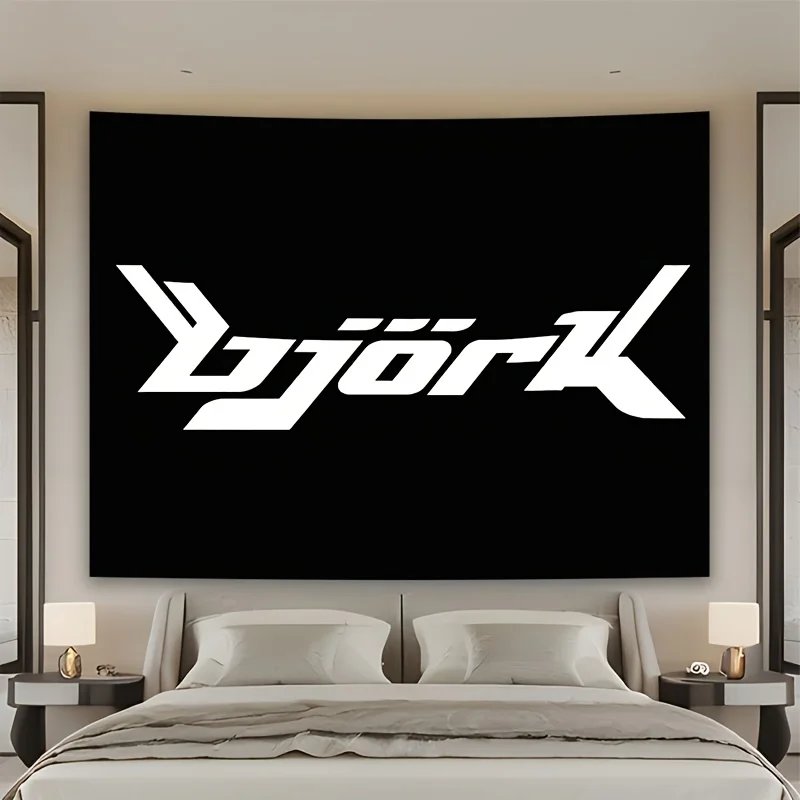 Black Björk Typography Tapestry Wall Hanging Modern Graphic Decor Accent Art Polyester Print for Bedroom Living Room Style Decor