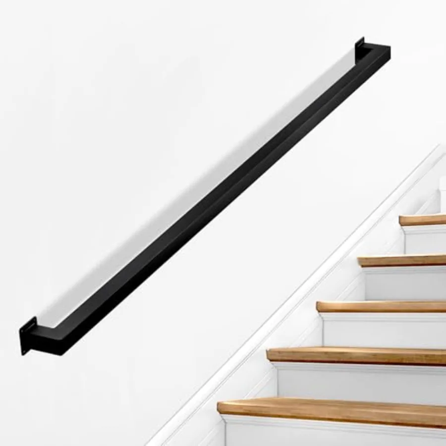 

Wall Mounted Handrail for Indoor Stairs, 2-15FT Wrought Iron Stair Railing, Modern Square Tube Handrail for Seniors Safety Supp