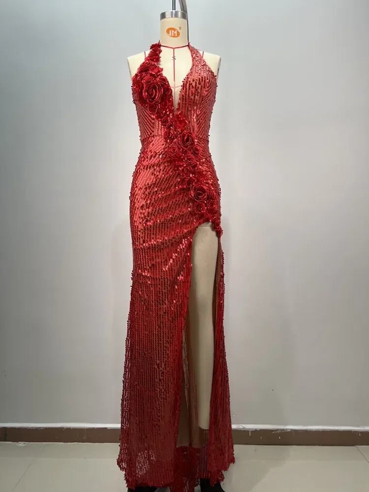 Women Luxury Red Evening Dress High End Fashion Halter Backless Deep V Neck Open Leg Glitter Long Birthday Celebrity Party Gowns