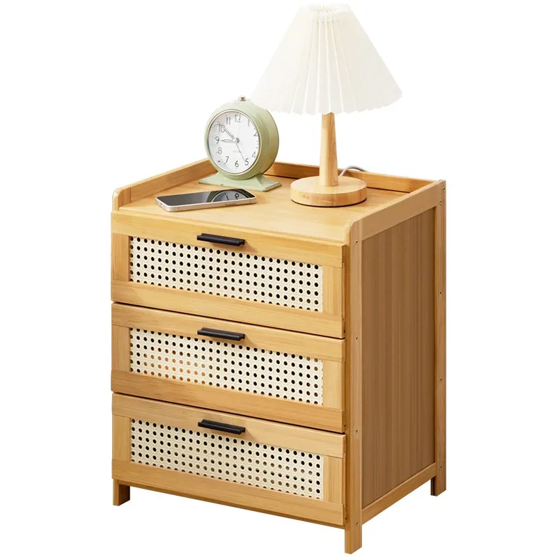 

High-quality Bamboo Bedside Table Nordic Living Room Cabinet Bedroom Nightstand Shelves Rattan Weaving Modern