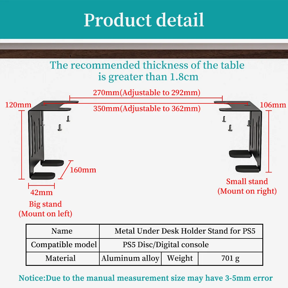 Under Desk Holder Stand for PS5 Disc&Digital Console Stealth Horizontal Mount Support Bracket Organizer Fast Delivery