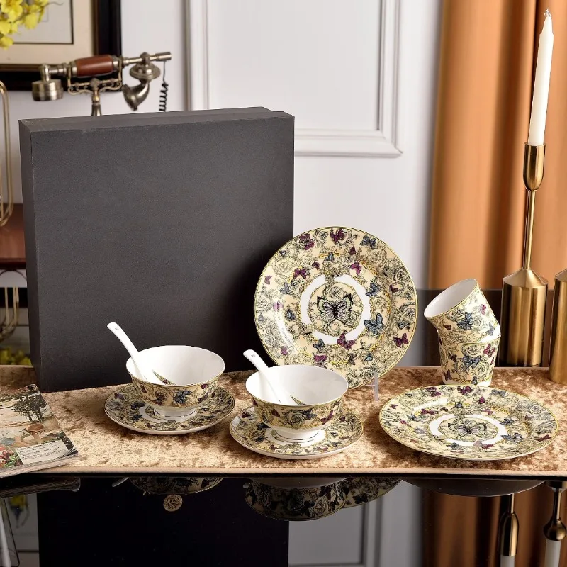 10-Piece Butterfly Pattern Bone China Cups European Premium 250ml Coffee & Afternoon Tea Cups with Saucers Housewarming Gift