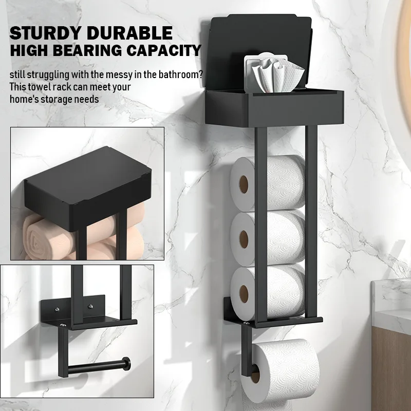 Bathroom Towel Rack Toilet No Punching Wall Hanging Multi-layer Bath Towel Rack Black Towel Roll Paper