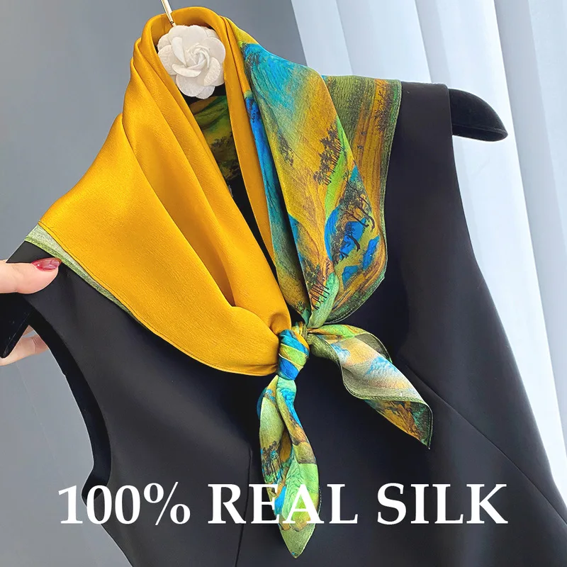 

Oil Painting New 100% Natural Real Silk Scarf Women Hairband Shawl Neckerchief Female Headband Bandana Square Scarves Wrap Hijab