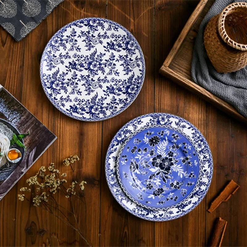 British Western-style ceramic tableware set blue and white blue Chinese and Western food bowls and plates for home use