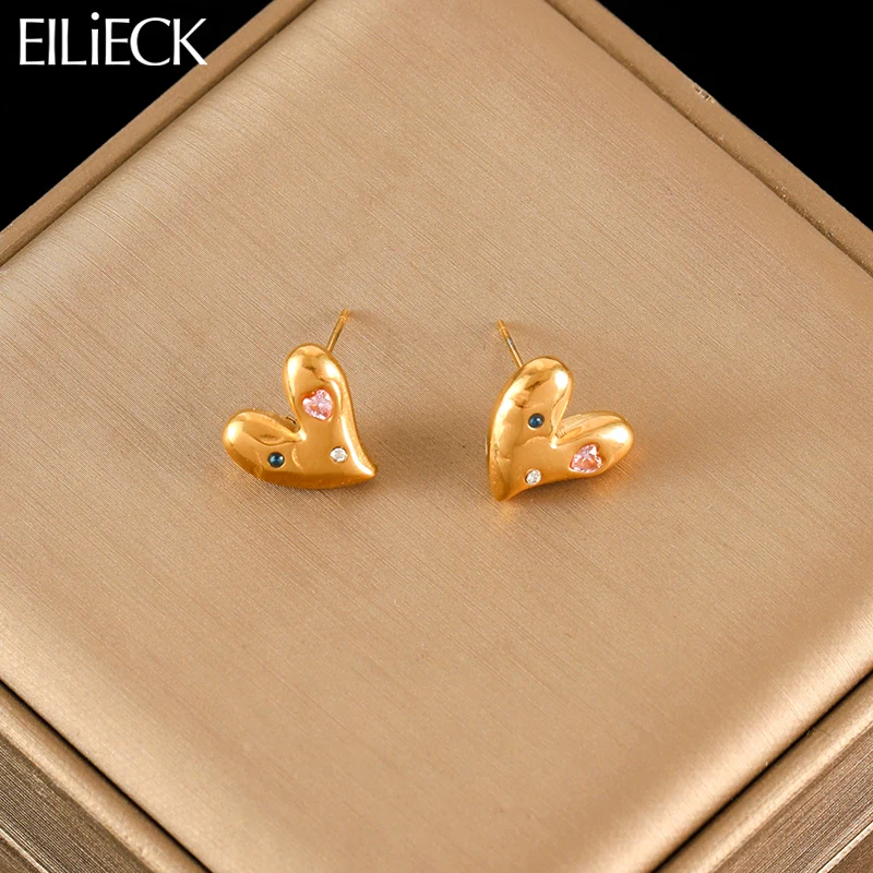 

EILIECK 316L Stainless Steel Heart Love Stud Earrings Creative Metal High Quality Waterproof Romantic Chic Jewelry Women Gift