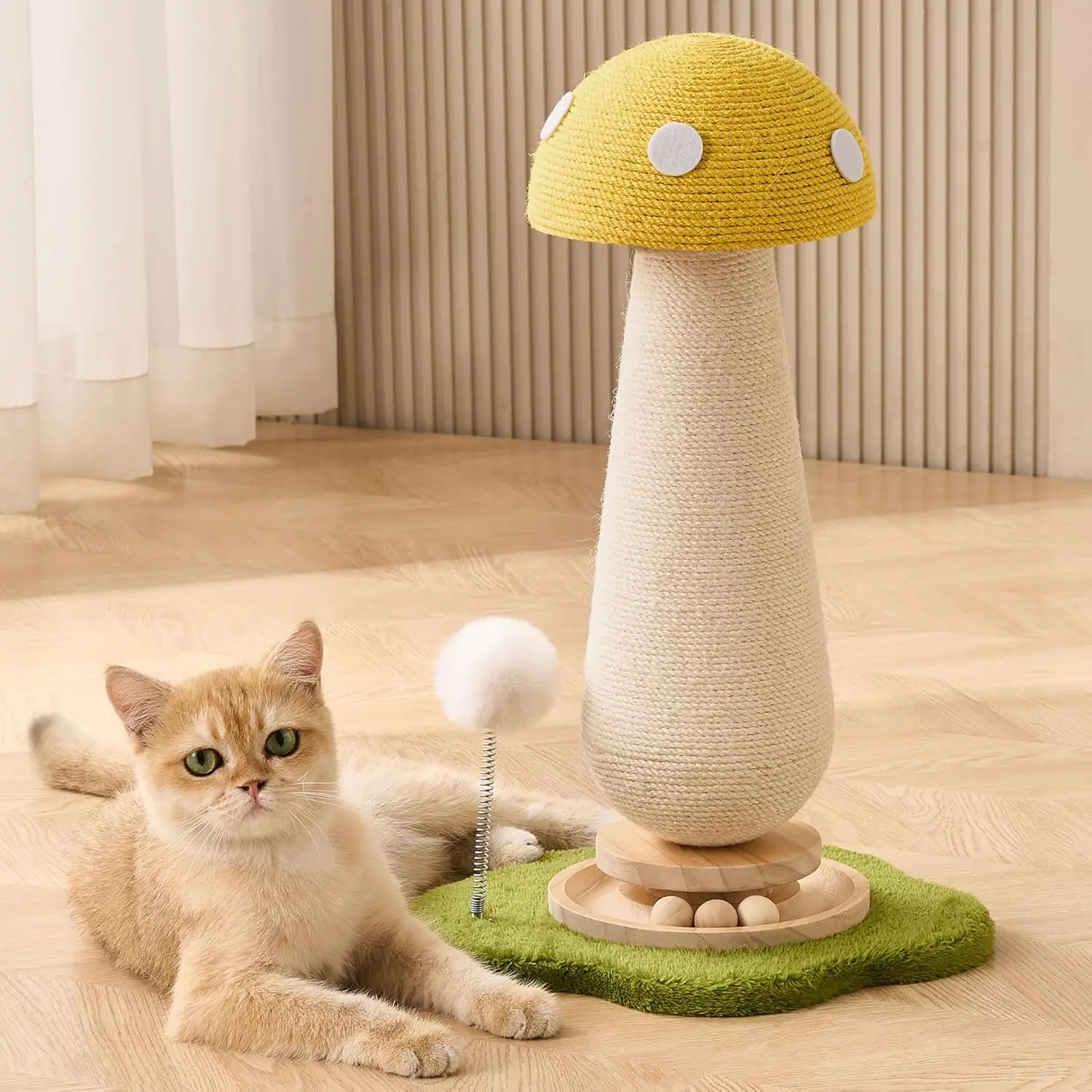 

Mushroom Cat Scratching Post Cat Tree, 21.5‘’ H Cute Cat Scratcher Tower with Durable Solid Wood Turntable Toy, Lemon