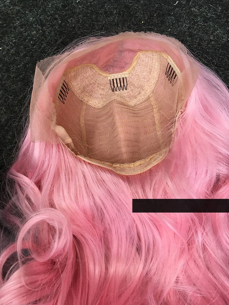 Heat-Resistant Synthetic Fiber Pastel Pink Lace Front Wig Long Wavy Synthetic Colored Lace Wig Hair Replacement Wigs for Women