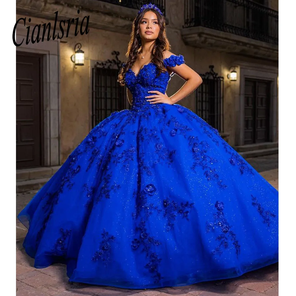 Royal Blue Quinceanera Dresses for Sweet 15 Year Sexy Off the Shoulder Puffy Ball Gown Lace Appliques Princess Gowns