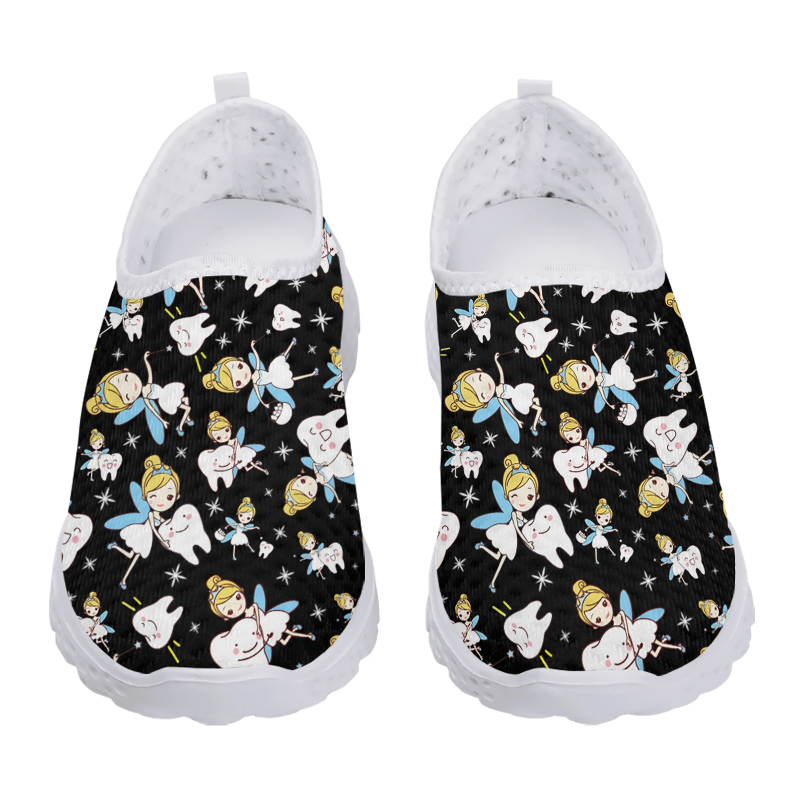 Cute Cartoon Nurse Elf/Teeth Print Casual Breathable Summer Shoes Black Mesh Shoes Casual Zapatos Planos De Mujer
