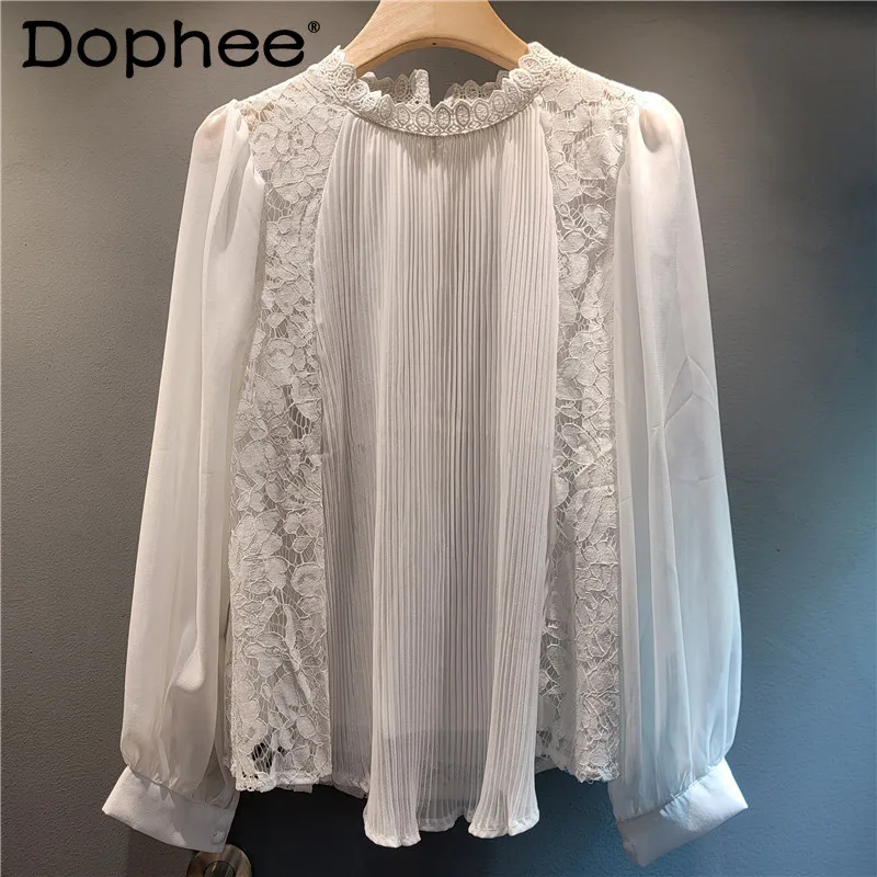 

Shirt Women's Lace Splicing Pleated Top 2024 Early Autumn New Temperament French Style Stand-up Neck Long-sleeved Blouse