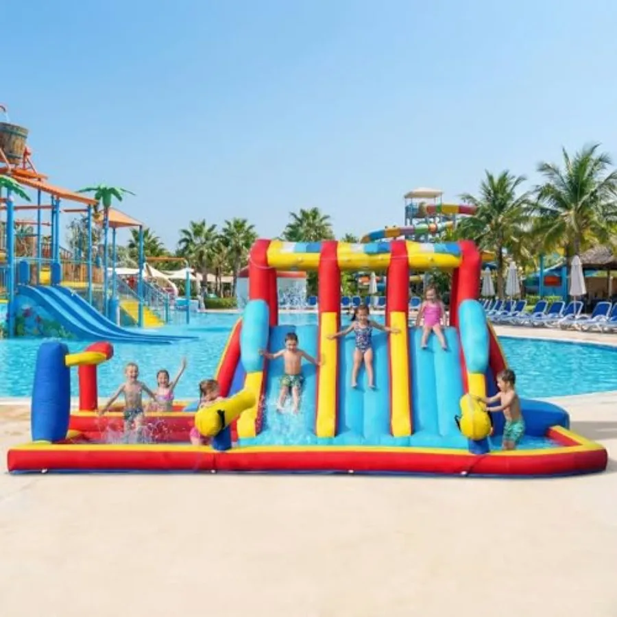

Family water park slide for summer carnival pool parties: 14.3FT Oxford fabric, blue, inflatable with built-in reservoir, sprin