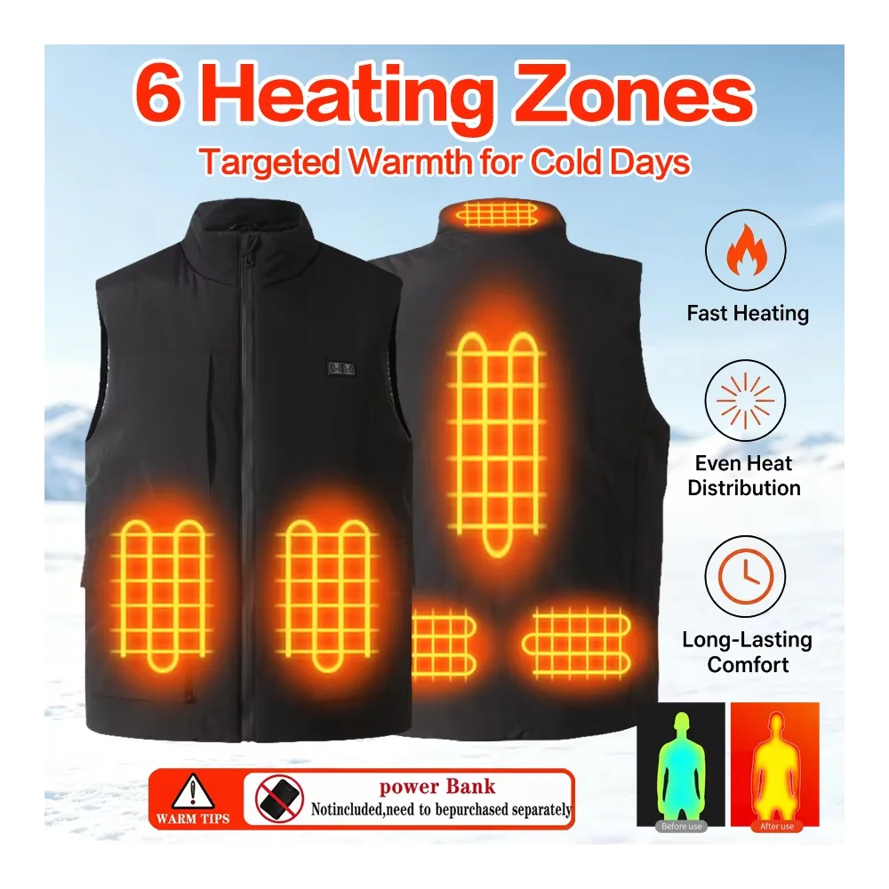 Heated Vest Men Women 6 Heating Zones USB Electric Heating Waistcoat 3 Gear Temperature Control Winter Warm Vest Multi Pockets