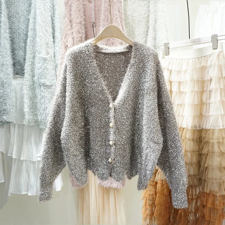 Korean Style V-Neck Short Knitted Loose Sweater Coat Single Button Sparkling Lazy Style Autumn Winter New Arrival Women\'s Fas...
