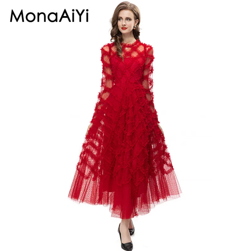 

MonaAiYi Autumn Sweet Sexy Fungus Frilly Slim Round Neck Long-Sleeve High Waist Red And Black See-Through Dress