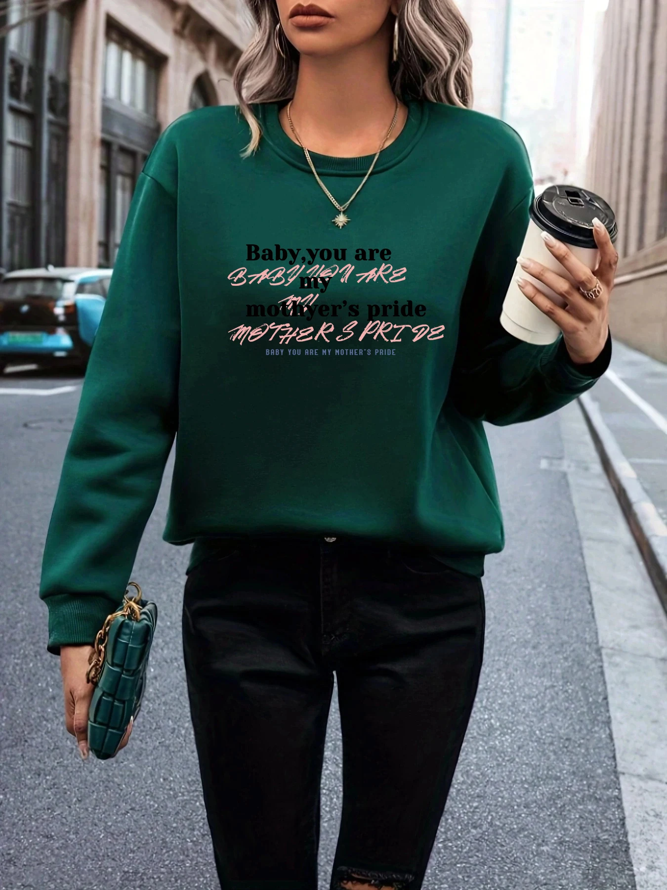 Overlapping Colourful Text Print Hoodless Green High End Sweatshirt Fashion Ladies Women\'s Comfortable Wearable Top