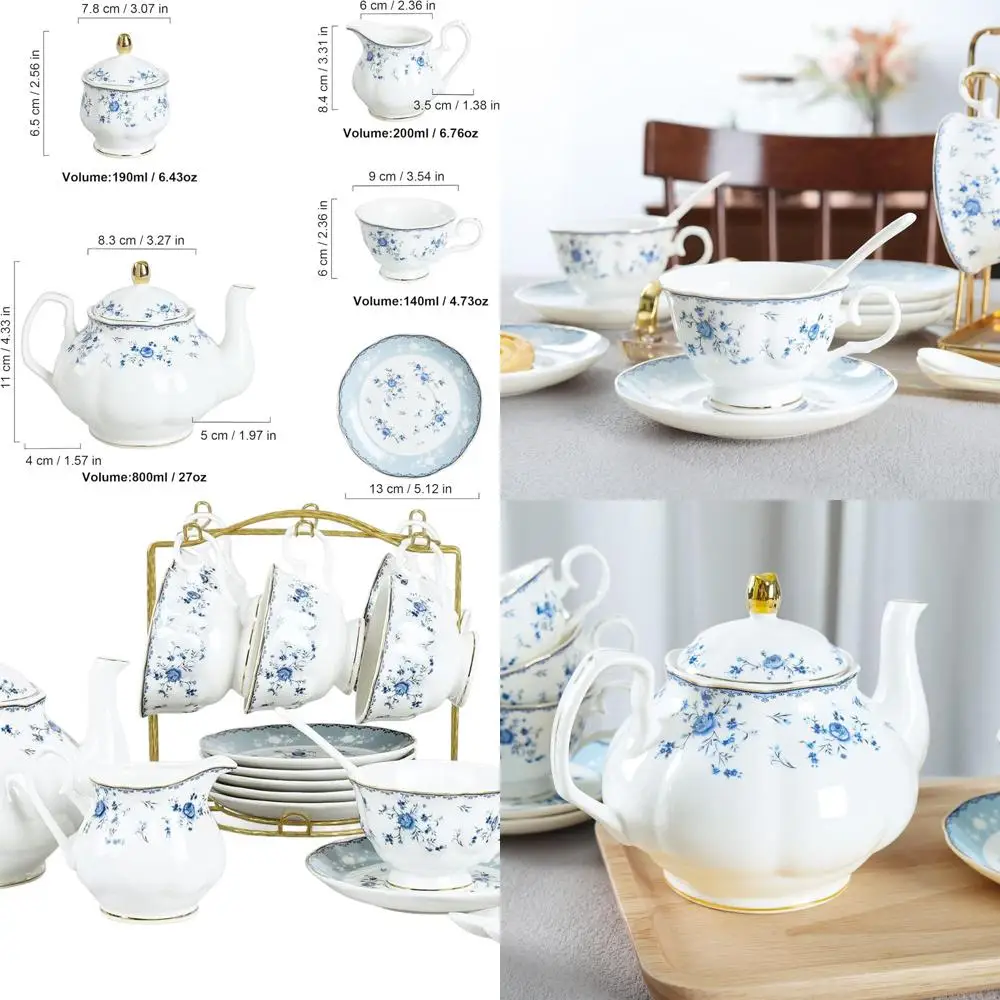 

Blue Rose Porcelain Tea Set for 6, British Floral Teapot and Cups, Women's Tea Party Set