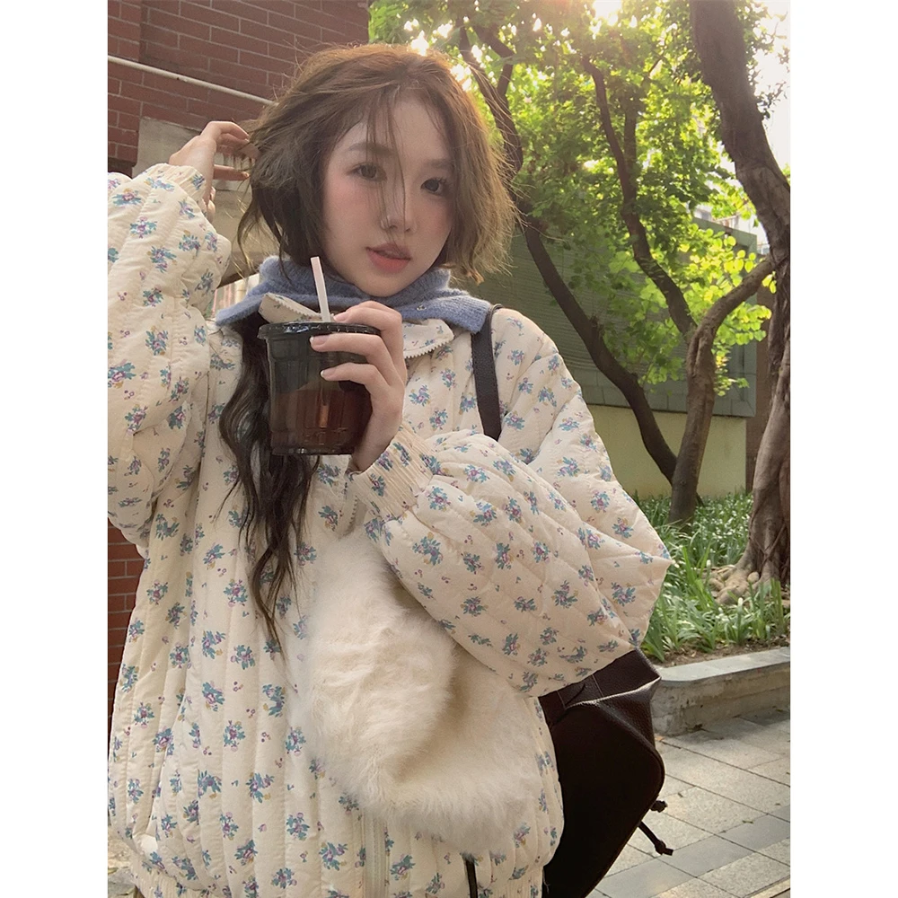 Floral Print Women Cotton Coat Stand Colalr Long Sleeve Cute Padded Overcoat Female Fall Winter Soft Fashion Quilted Jackets