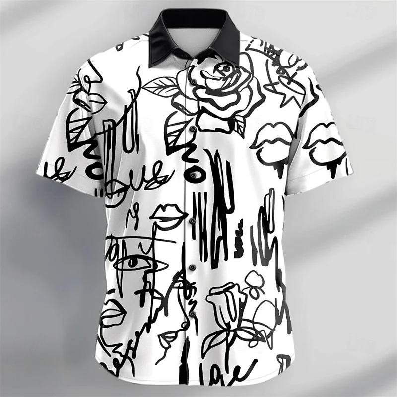 

Fashionable and avant-garde men's rose print short sleeved beach vacation shirt, men's fresh Hawaiian fashion cardigan