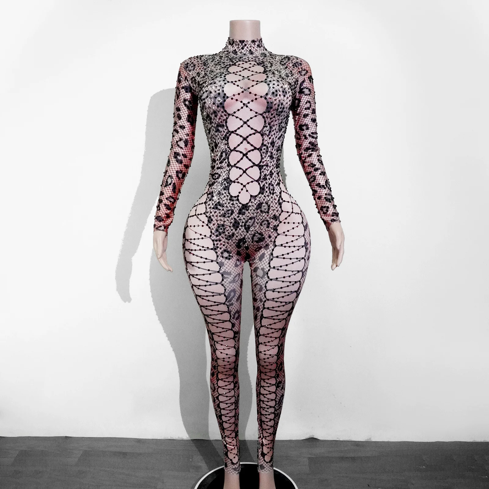 Sexy leopardo impressão net vestido apertado para mulher de manga comprida corte rendas vestido apertado para clubes festas e discotecas