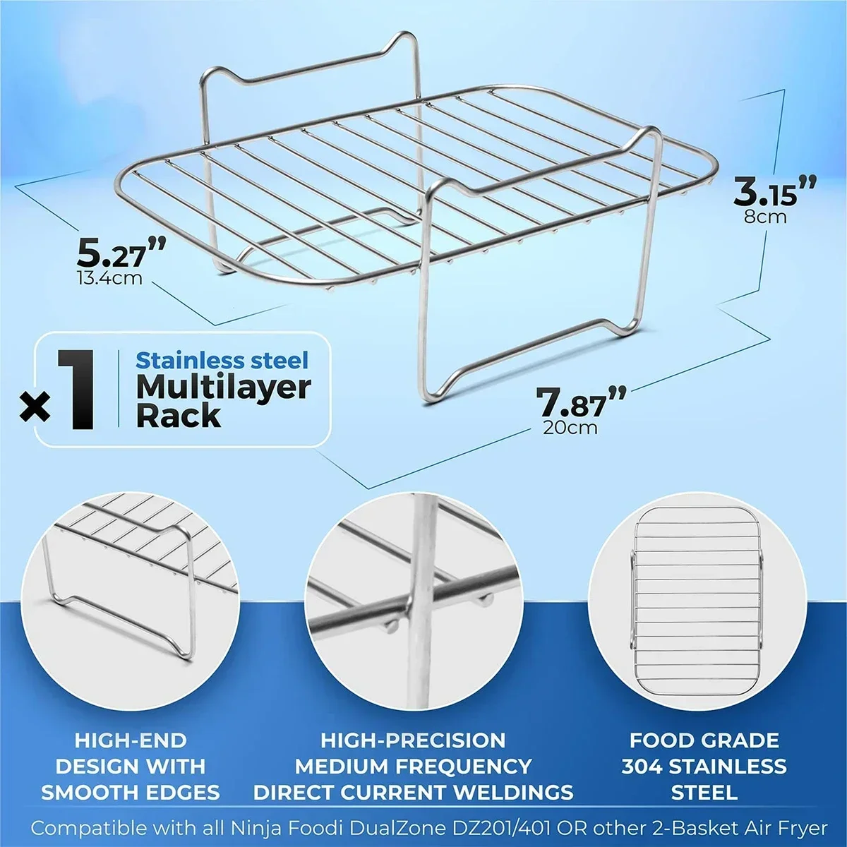 Air Fryer Rack, Dual Airfryer Racks Grilling Rack with 4 Skewers for Ninja Food Dual Zone Air Fryer AF300UK AF400UK Accessories