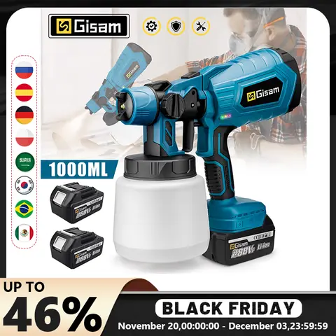 Gisam 1000ML 전기 스프레이 건 홈 무선 페인트 분무기 HVLP 자동 가구 Makita 18V 배터리 Pi 용 강철 코팅 에어 브러시 Gisam 1000ML 전기 스프레이 건 홈 무선 페인트 분무기 HVLP 자동 가구 Makita 18V 배터리 Pi 용 강철 코팅 에어 브러시