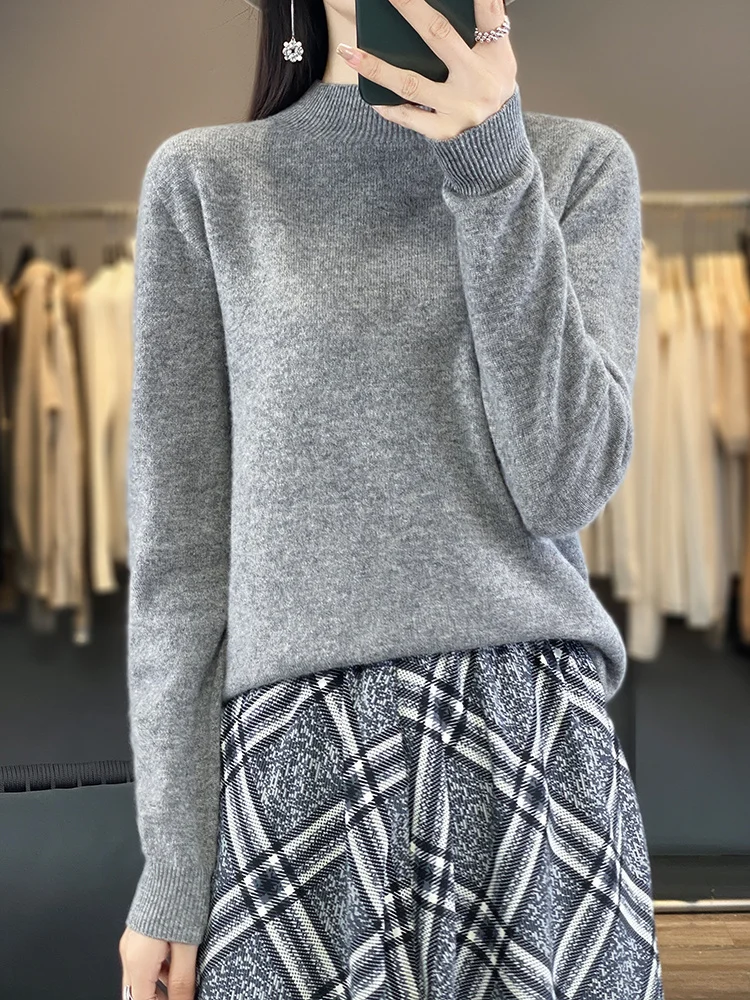 Autumn Winter Women's Basic Mock-neck Pullover Sweater 100% Merino Wool Solid Long Sleeves Cashmere Knitwear Female Clothing