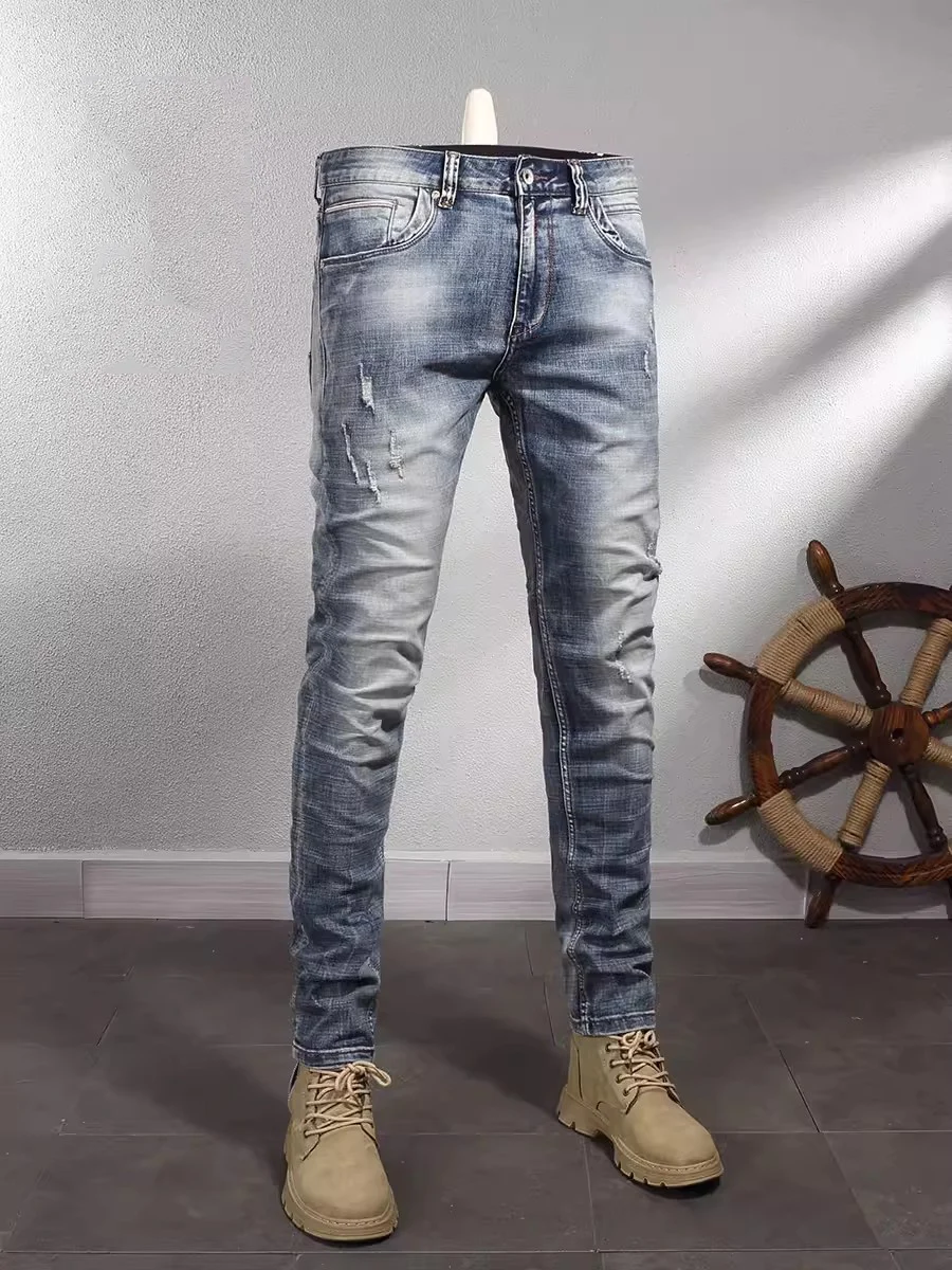 Fashion Designer Men Jeans Retro Washed Blue Elastic Slim Fit Ripped Jeans Men Trousers Italian Style Vintage Denim Pants Hombre