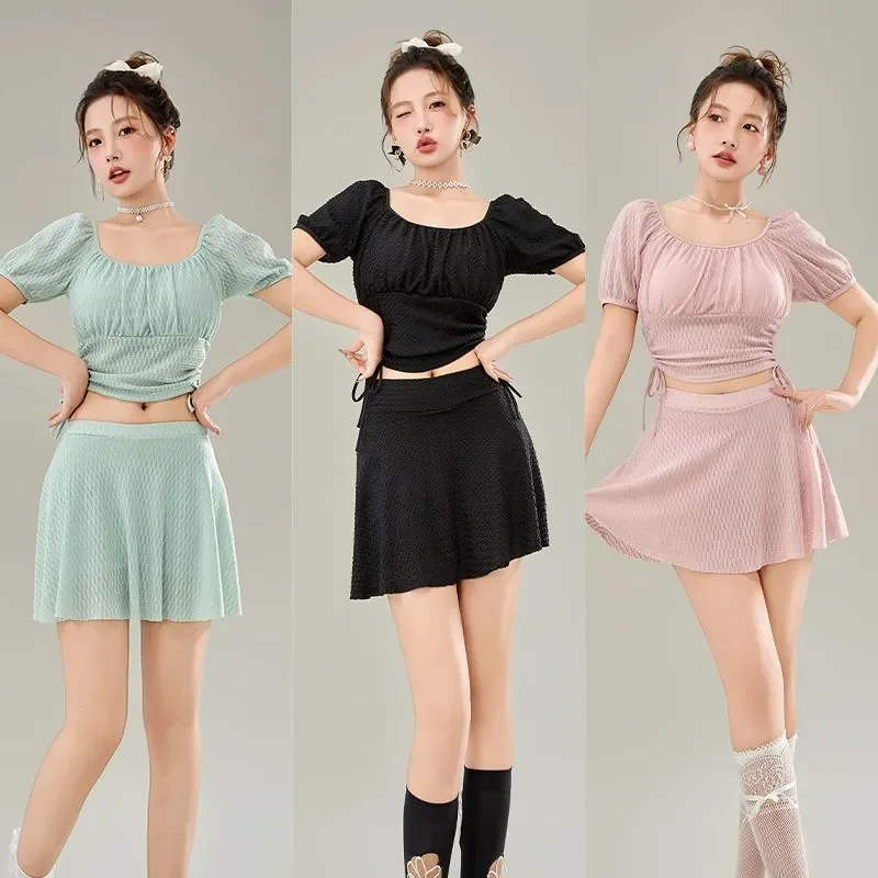 New Split Skirt Two Piece Women Sweet Girl Style Versatile Boxer-angle Conservative Short Sleeved Swimsuit