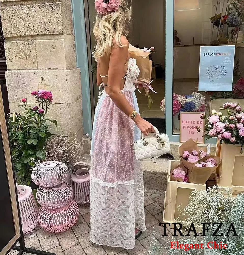 TRAFZA Sweet Sexy Floral Lace Tulle Dress Women's Neck-hanging Patchwork Dress New 2025 Summer Fashion Flower Sea Holiday Dress